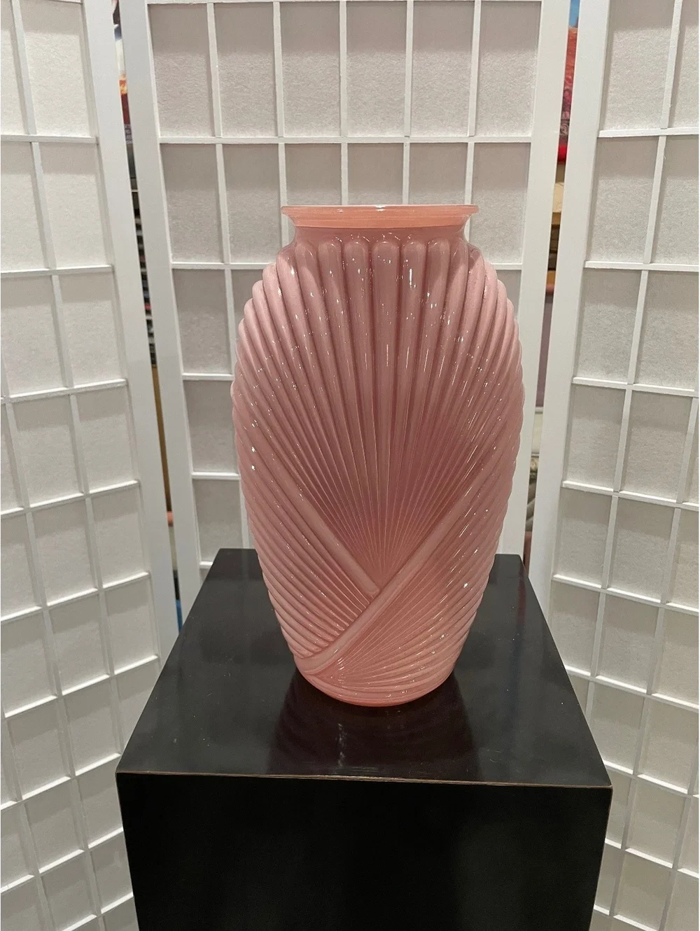 Vintage Pink Glass Art Deco Style Vase with Ribbed Design